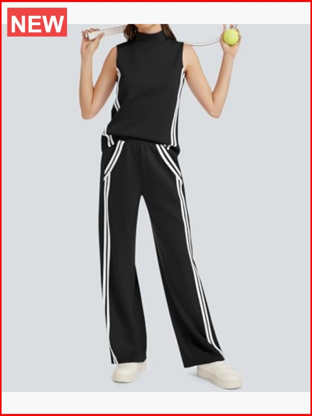 Women's 2 Piece Lounge Set Stripes Mock Neck Tank Top Wide Leg Pants Sweatsuit - Picture 2 of 7